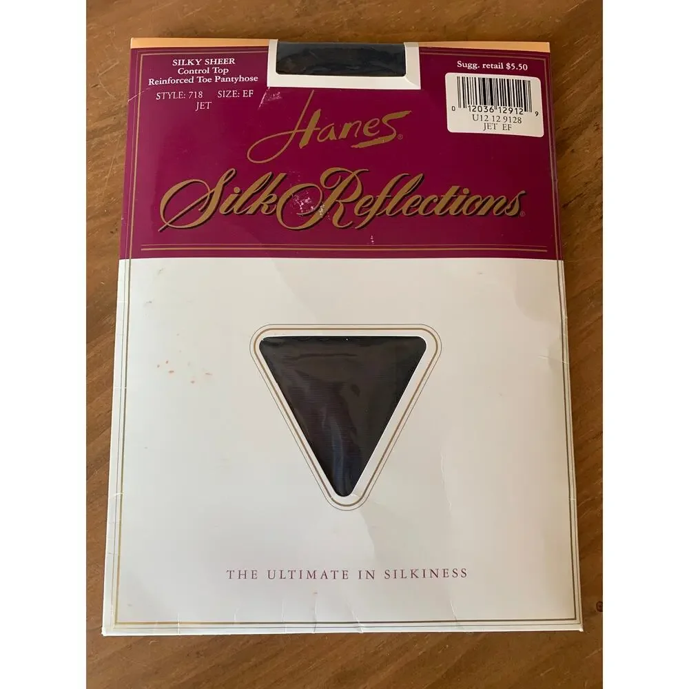 Hanes Silk Reflections Pantyhose E-F Control Top Reinforced Toe JET Black Vtg
